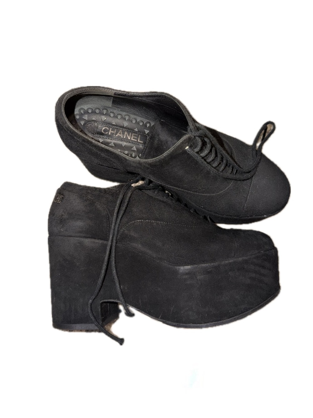 CHANEL Black Suede Platform Lace-Up Ankle Boots
